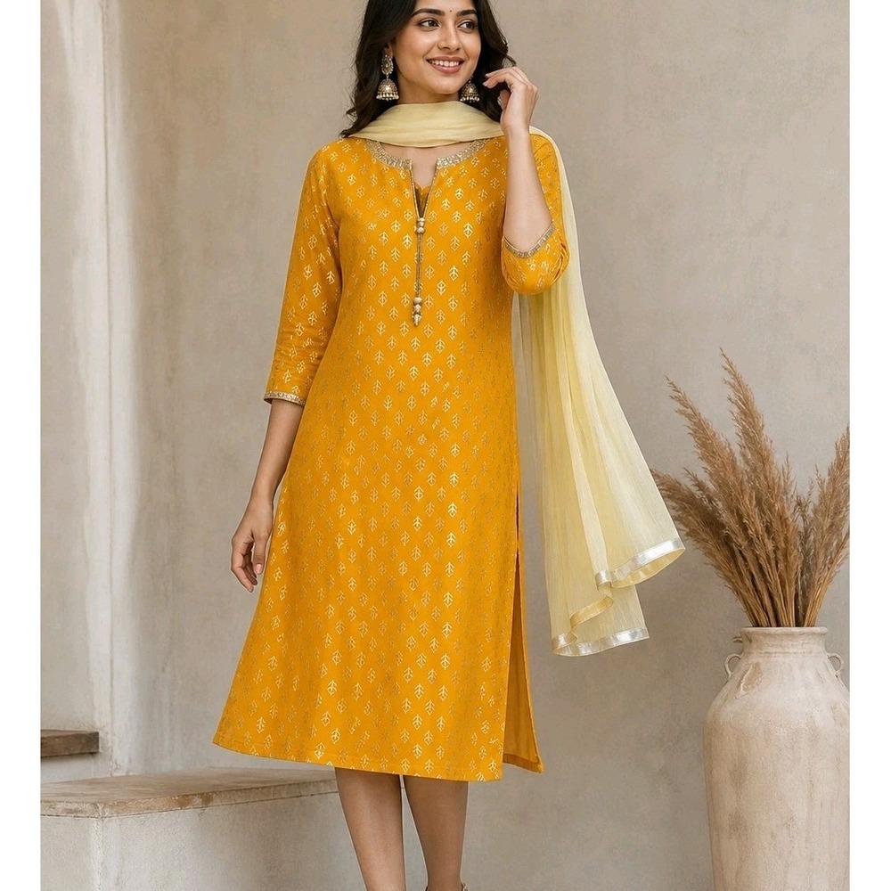Indya Yellow Kurta Dress S Gold Print w/ Dupatta Lined India Boho